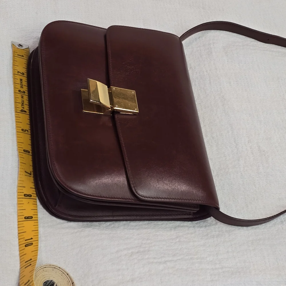 Celine Classic Box Leather Medium Bag Flap Purse Teen Triomphe Burgandy Brown - Picture 9 of 16